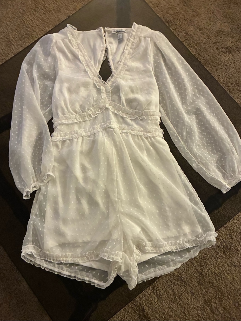 White Textured Swiss Dot Romper - Elegant Long Sleeve